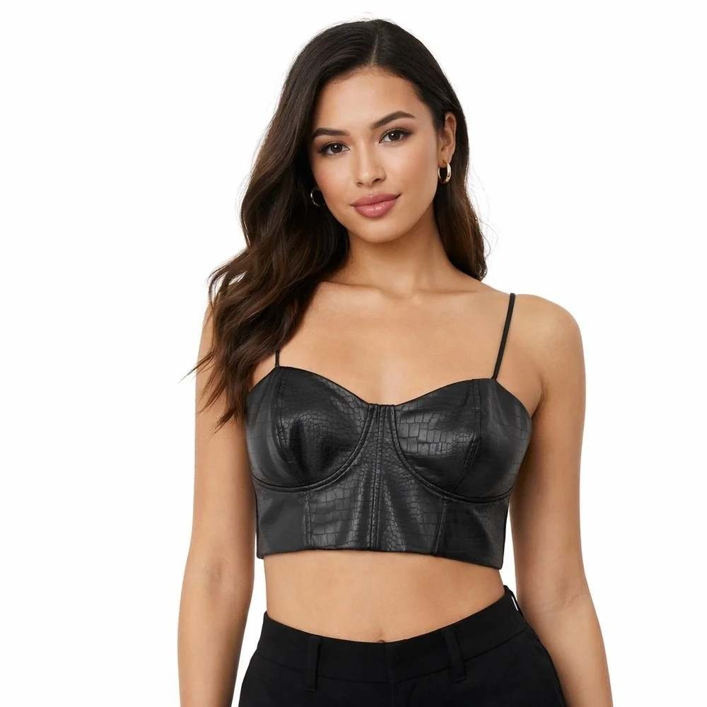 Express Womens Body Contour Faux Leather Croc Bustier Top Black Size L